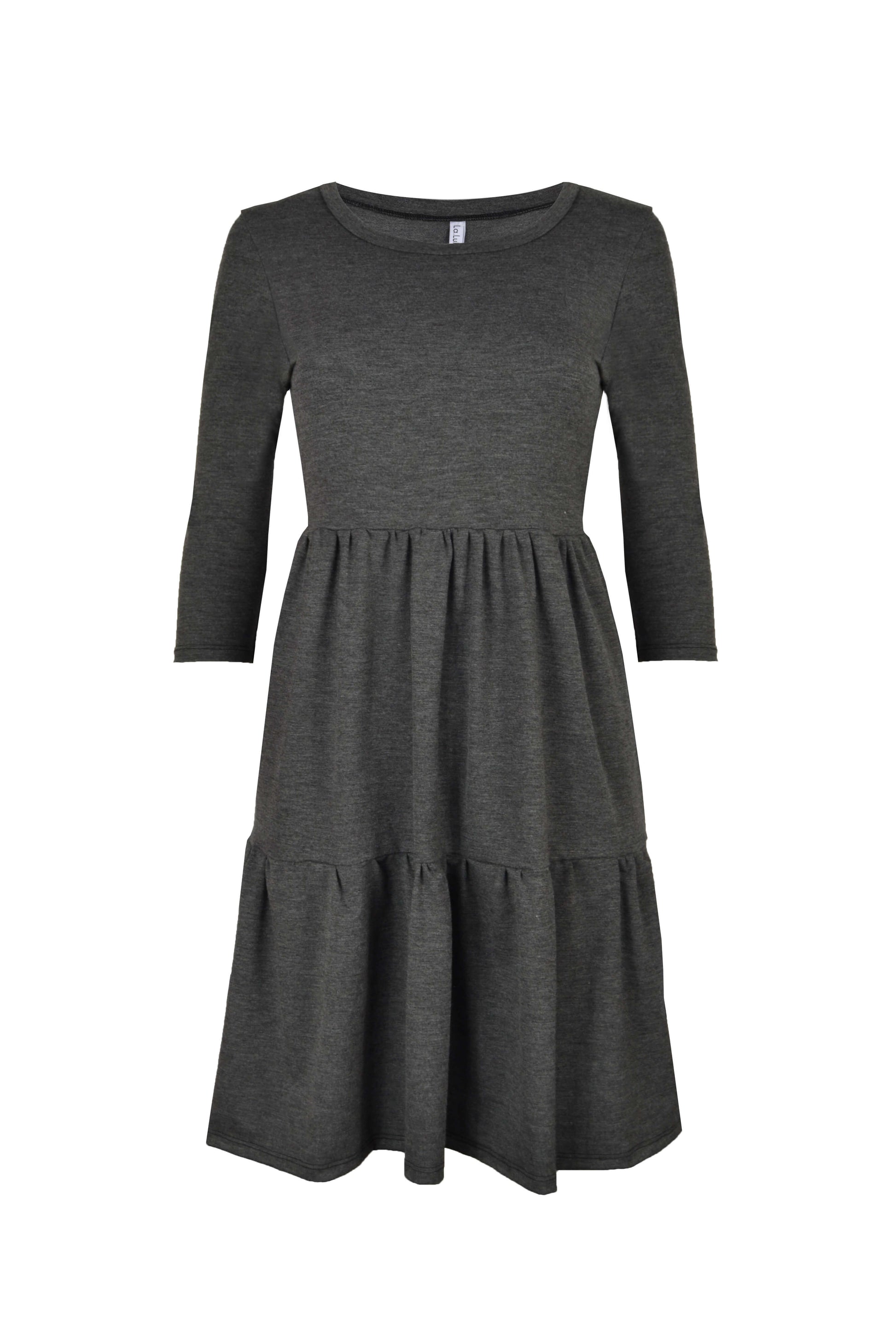 Dunkelgraues, kurzes Minikleid mit Volants und Rundhalsausschnitt aus Jersey von LA.LUKA Berlin, in der Vorderansicht.