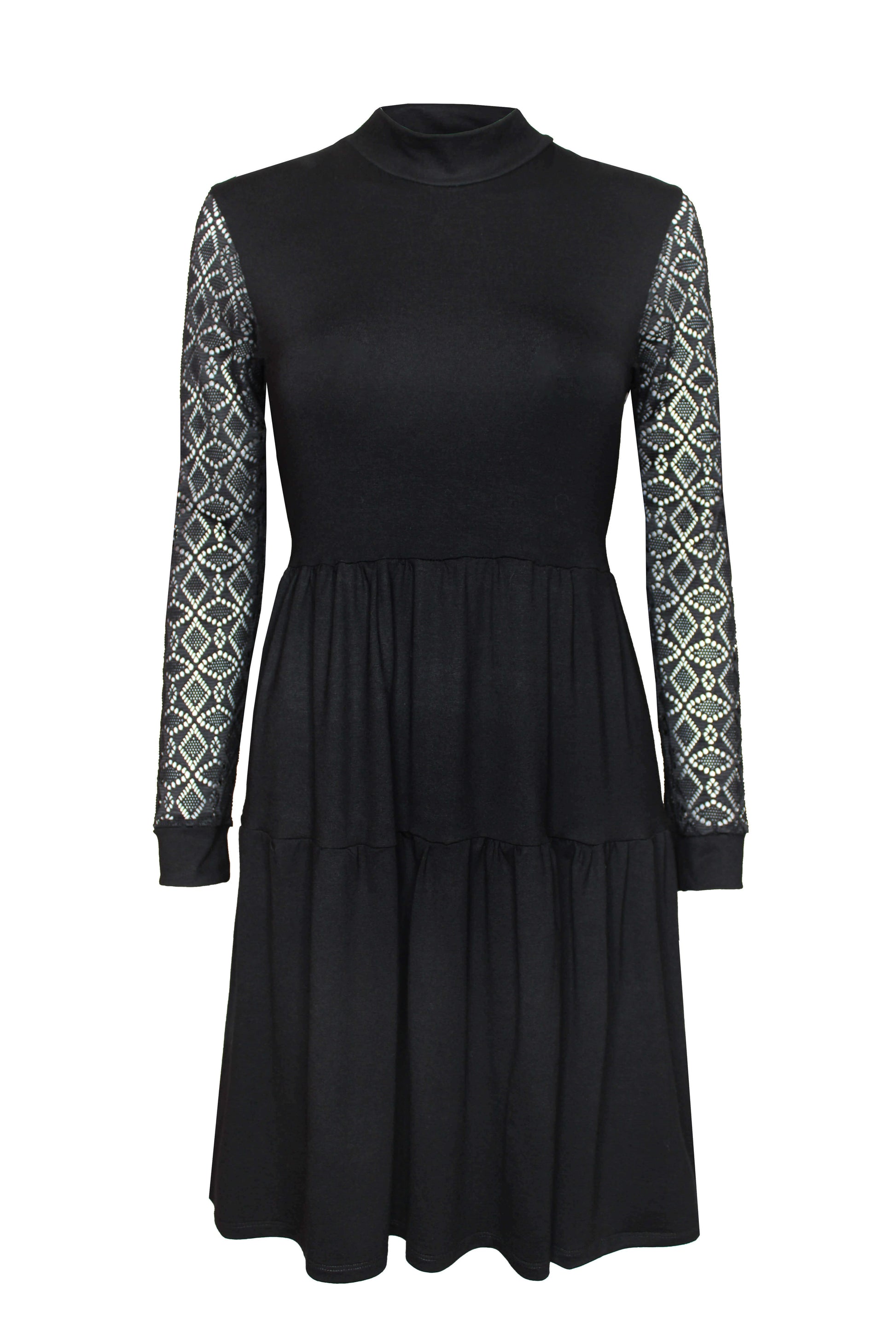 Schwarzes, elegantes Minikleid mit Spitzenärmeln und Stehkragen aus Viskosejersey von LA.LUKA Berlin.