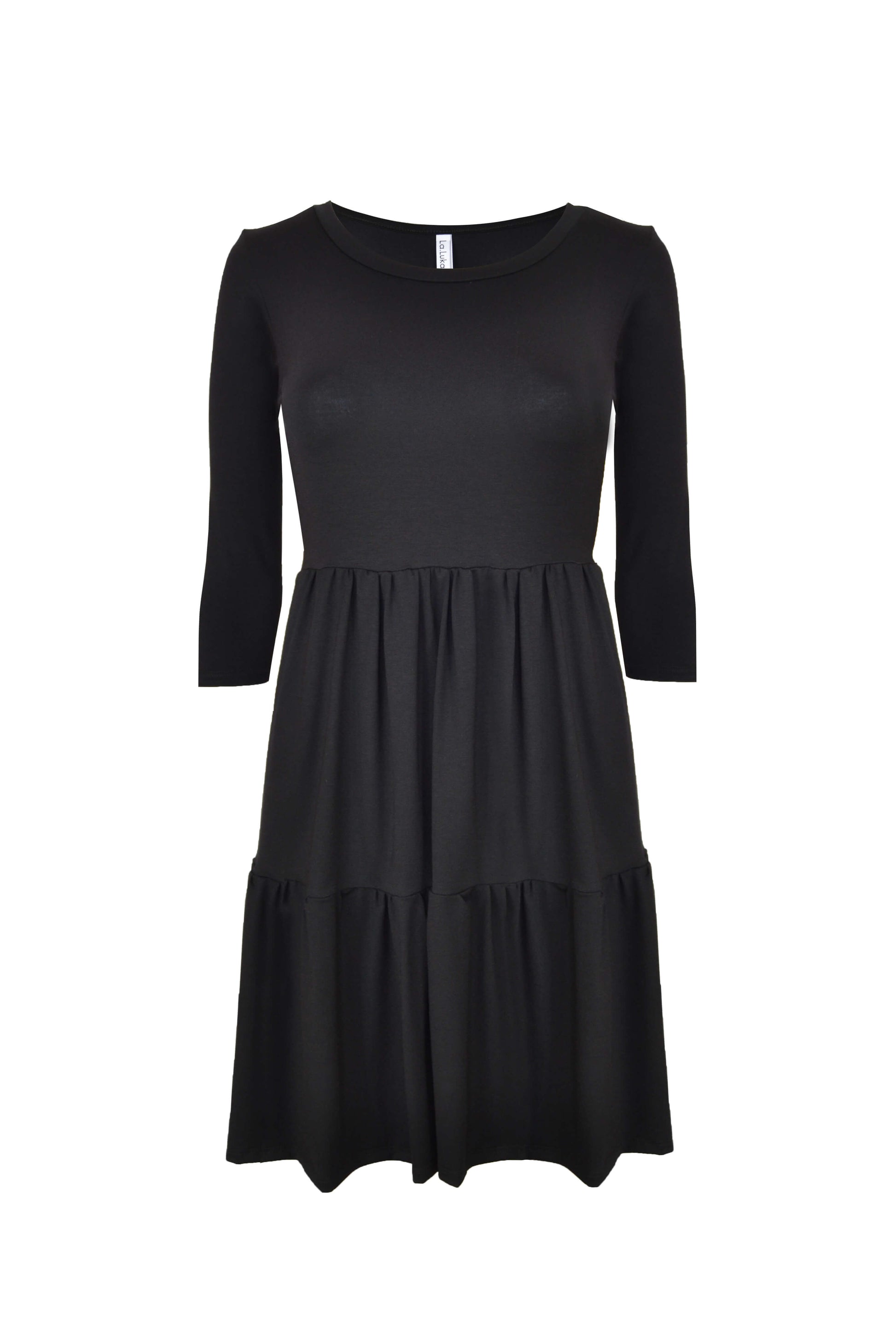 Schwarzes, kurzes Minikleid mit Volants und Rundhalsausschnitt aus Jersey von LA.LUKA Berlin, in der Vorderansicht.
