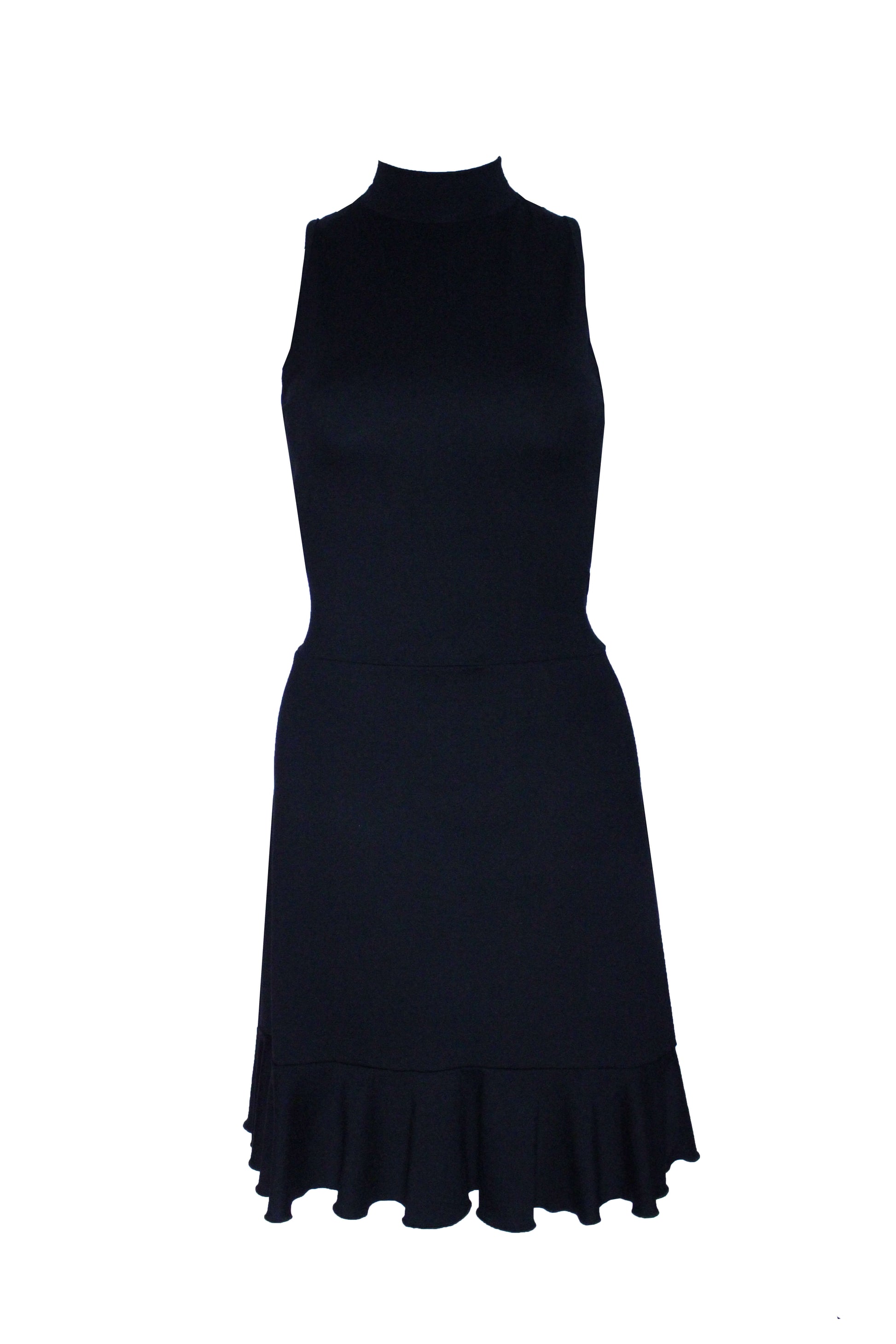 Schwarzes Minikleid mit Volant am Saum und Stehkragen aus Viskosejersey von LA.LUKA Berlin.
