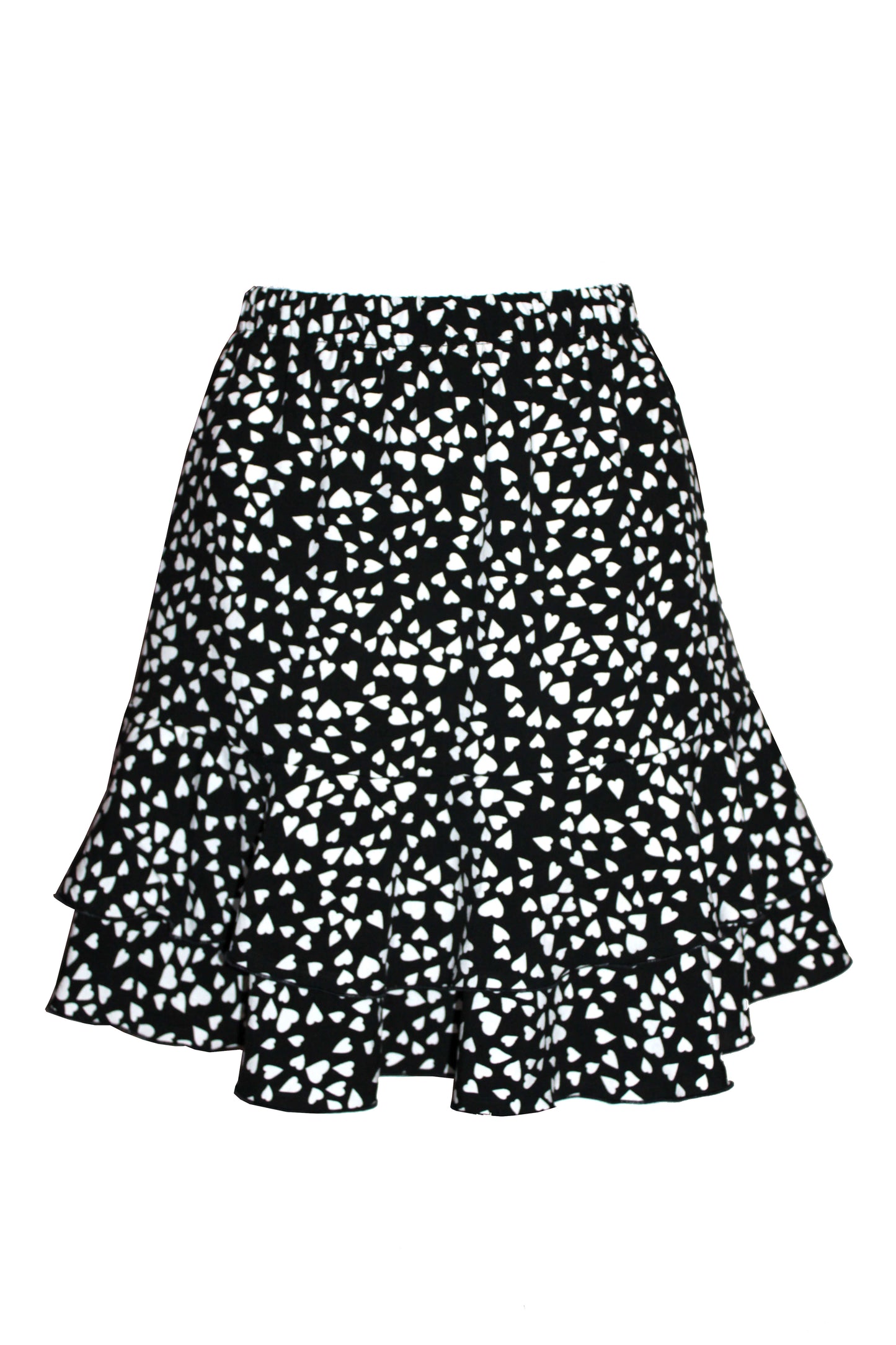 Schwarzer Mini-Stufenrock aus 100 % Viskose mit weißen Herzen und elastischem Gummibund – leichter Damen Sommerrock.