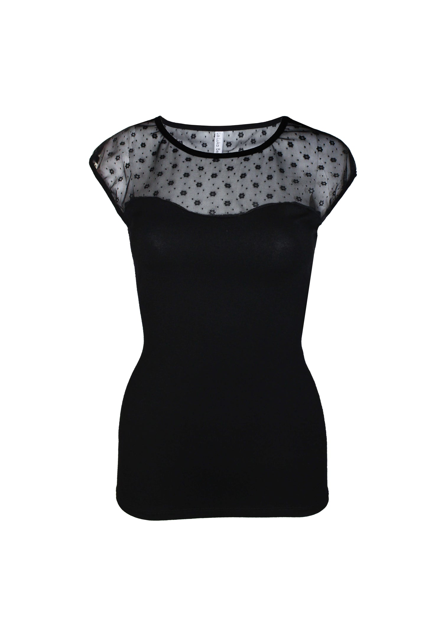 Elegantes, enges Top in schwarz mit Tüll und angeschnittenen Ärmeln von LA.LUKA Berlin.