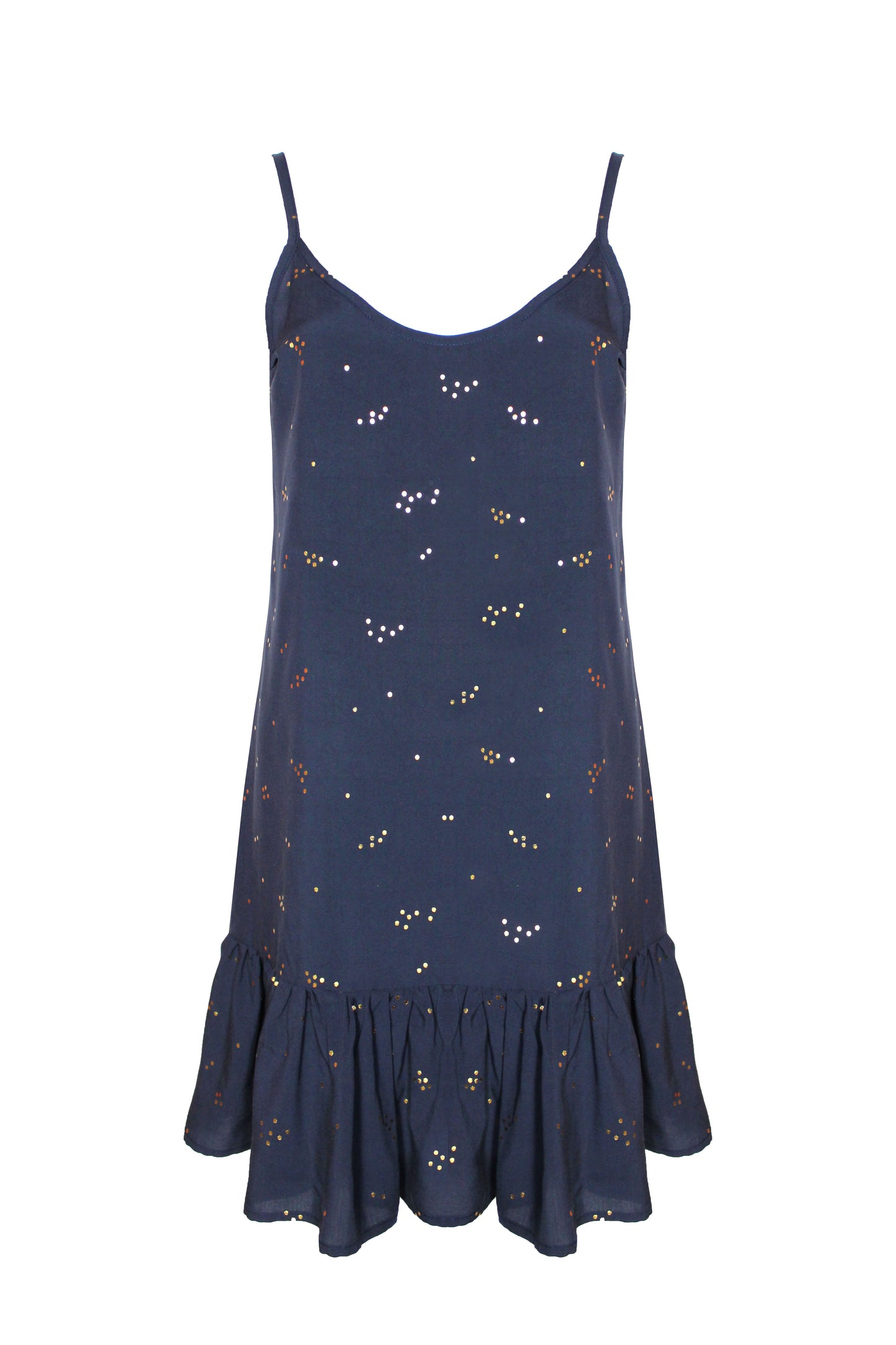 Kurzes Trägerkleid in dunkelblau mit goldenen Punkten und Volants am Saum aus Viskose von LA.LUKA Berlin.