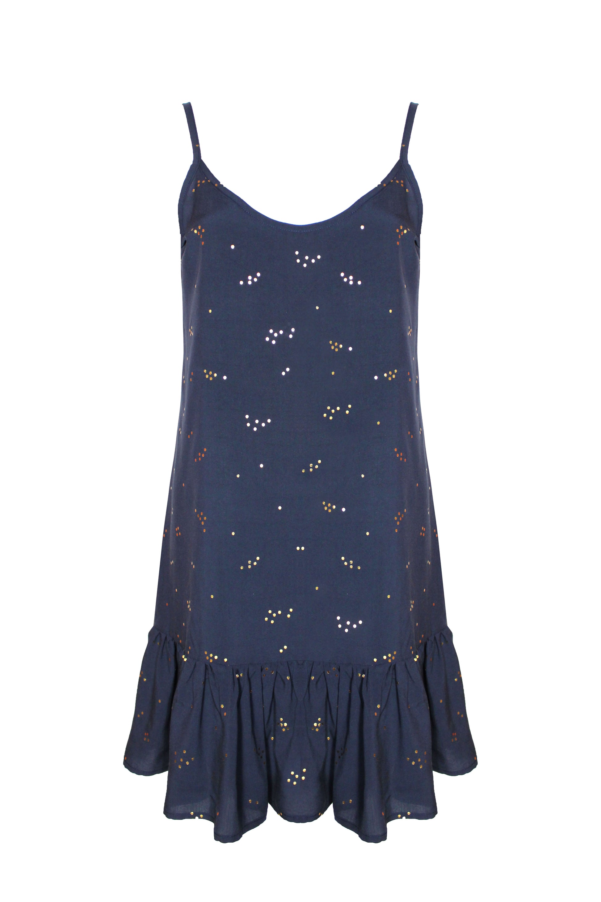 Kurzes Trägerkleid in dunkelblau mit goldenen Punkten und Volants am Saum aus Viskose von LA.LUKA Berlin.