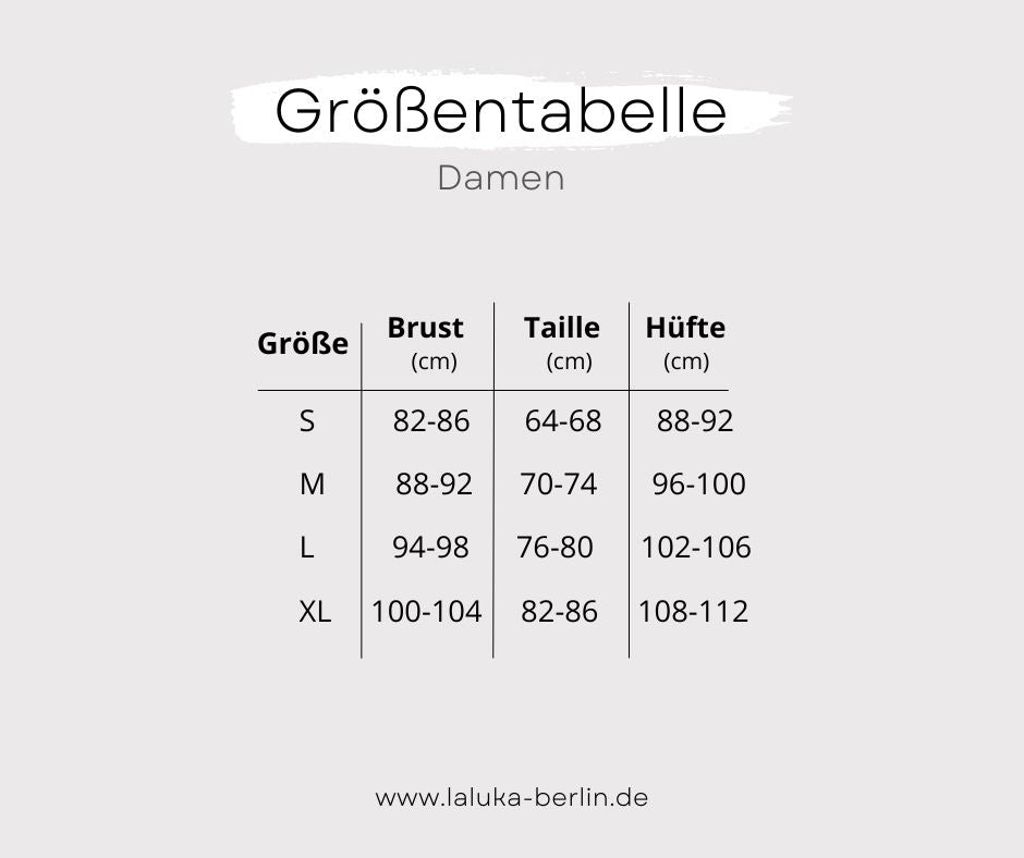 Größentabelle für Damen von LA.LUKA Berlin.
