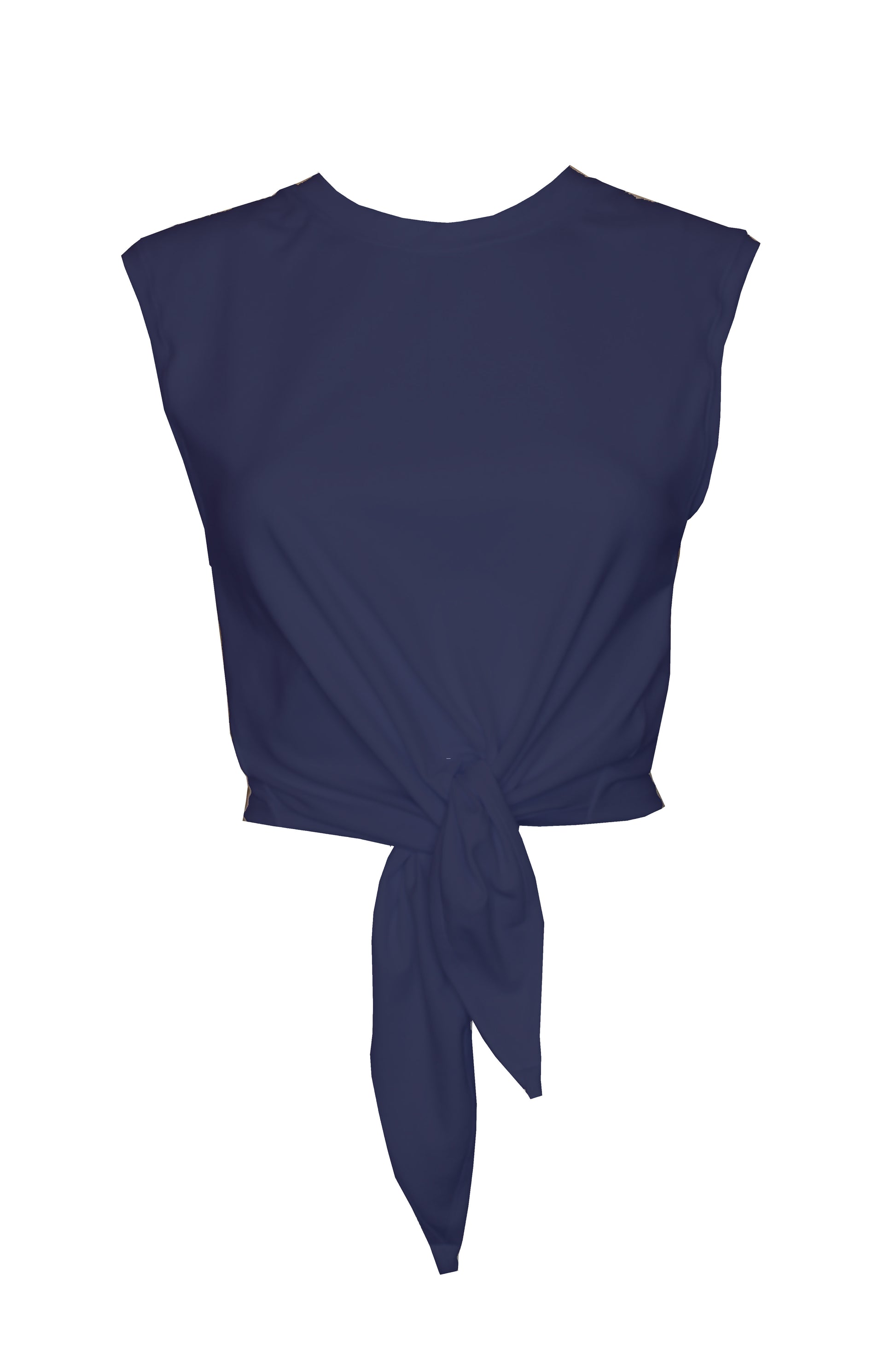 Cropped T-Shirt in dunkelblau mit Rundhalsausschnitt, vorne zum knoten.