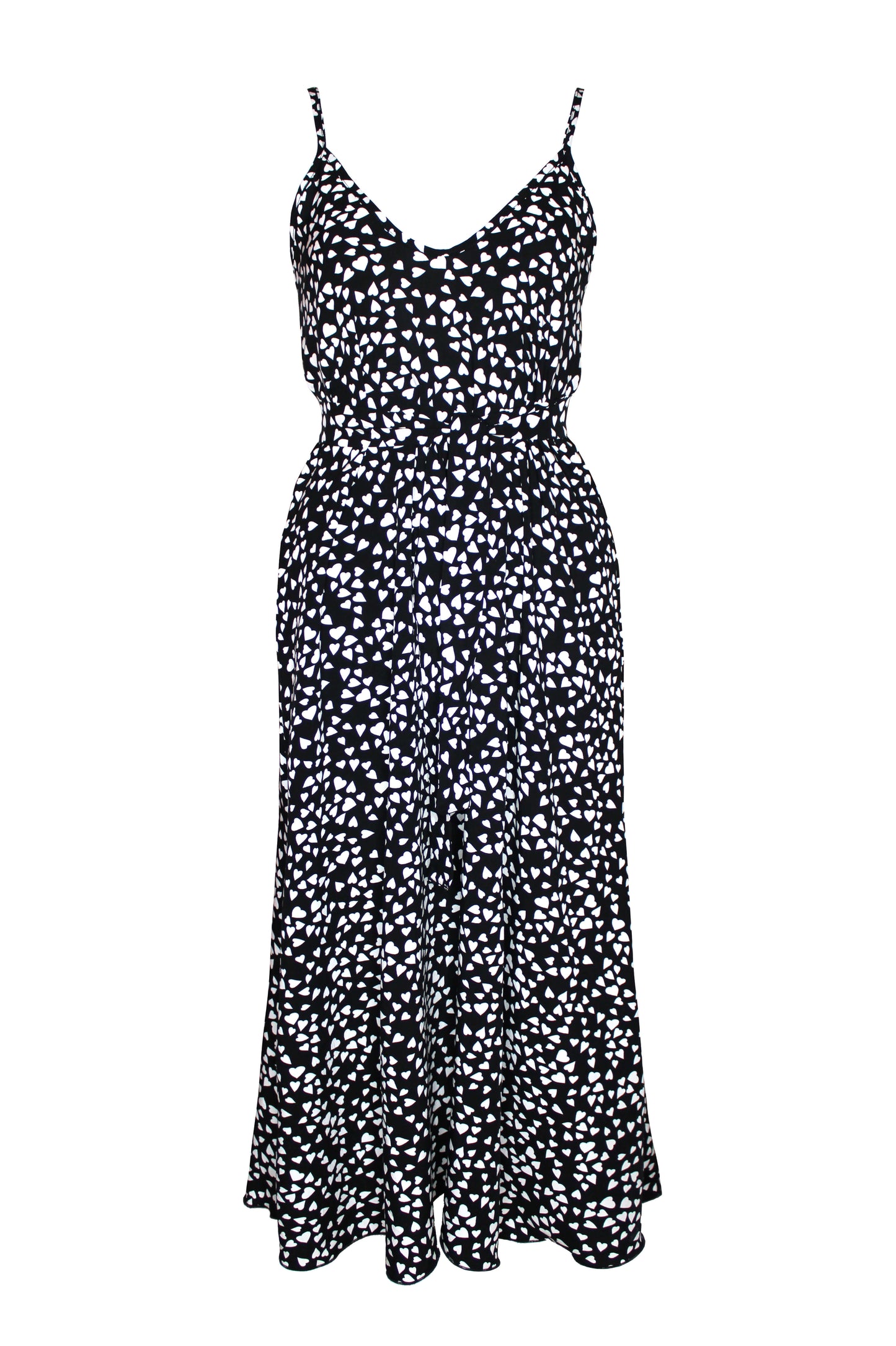 Midikleid Damen in Schwarz mit weißem Herz-Print, V-Ausschnitt und Spaghettiträgern, Midilänge.