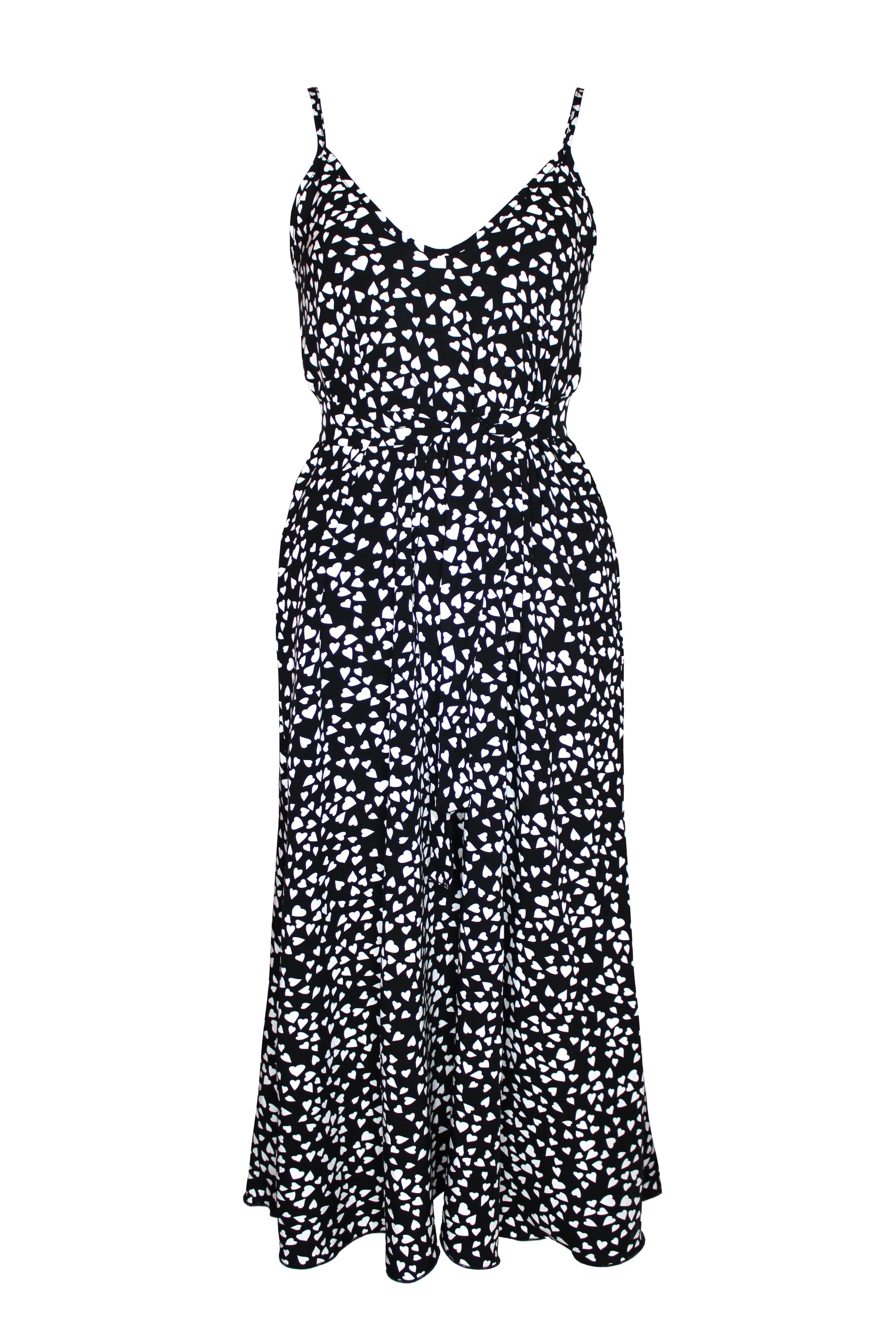 Midikleid Damen in Schwarz mit weißem Herz-Print, V-Ausschnitt und Spaghettiträgern, Midilänge.