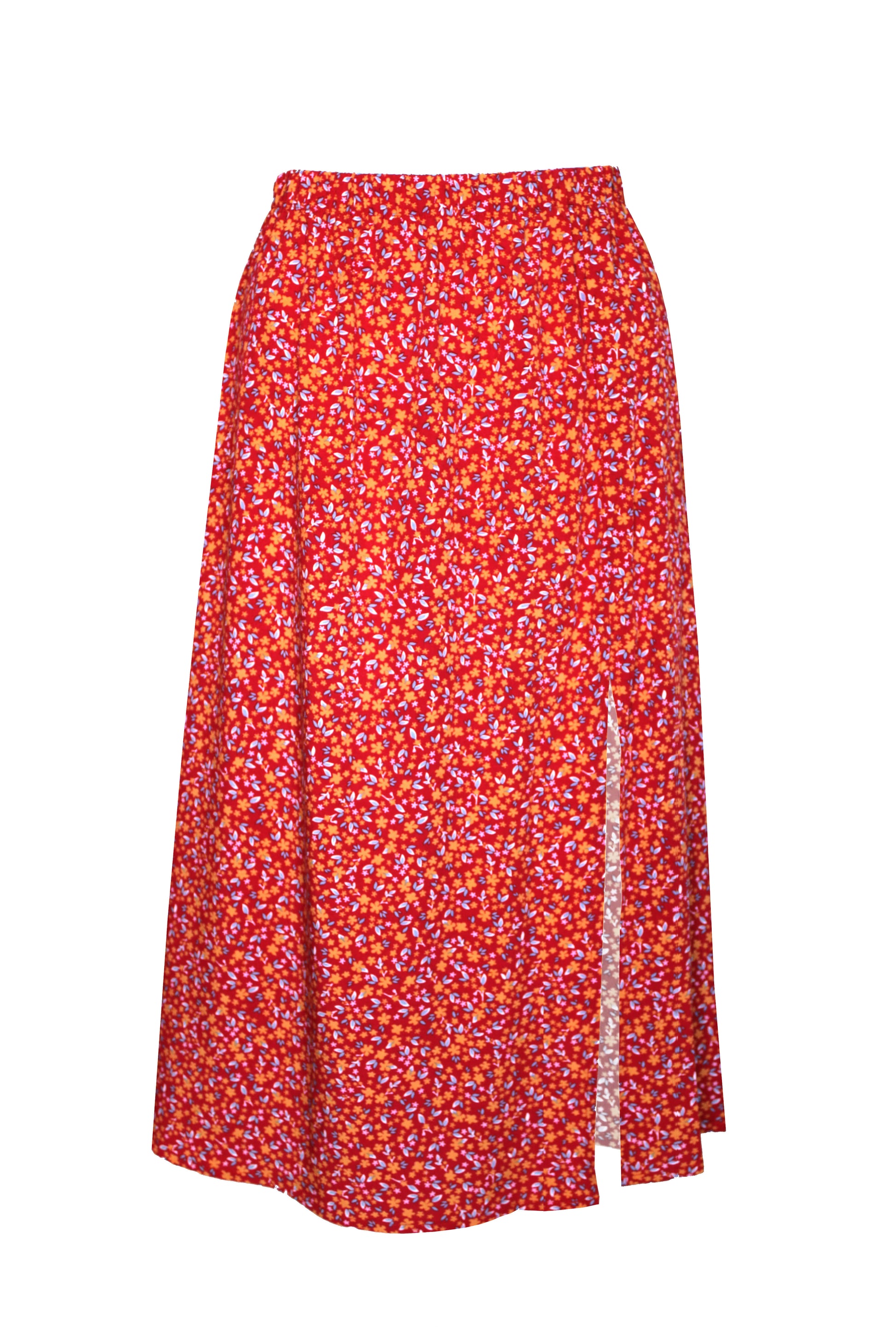 Roter Midirock mit seitlichen Schlitz und kleinem Blümchenmuster aus Viskosejersey.