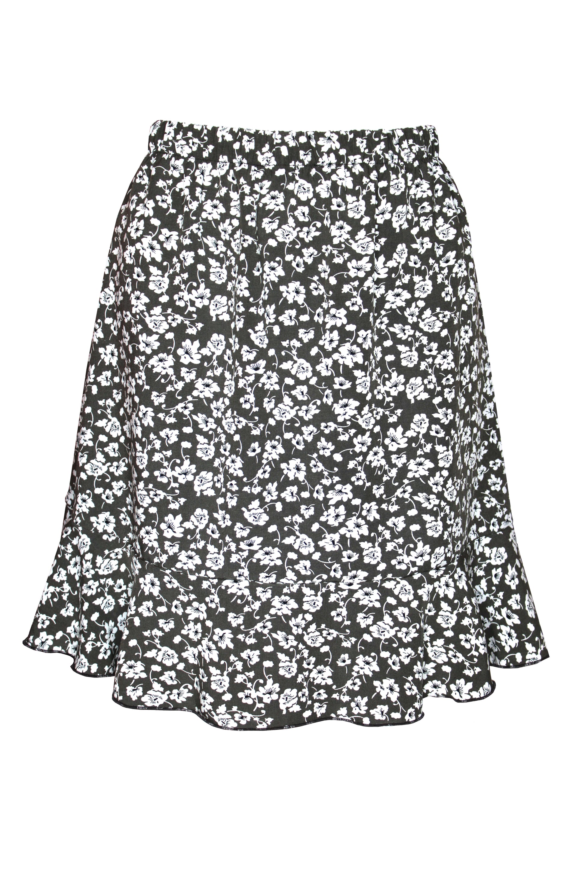 Grauer Rock mit weißem Blumenmuster, kurzer Schnitt und breiter Volant am Saum.
