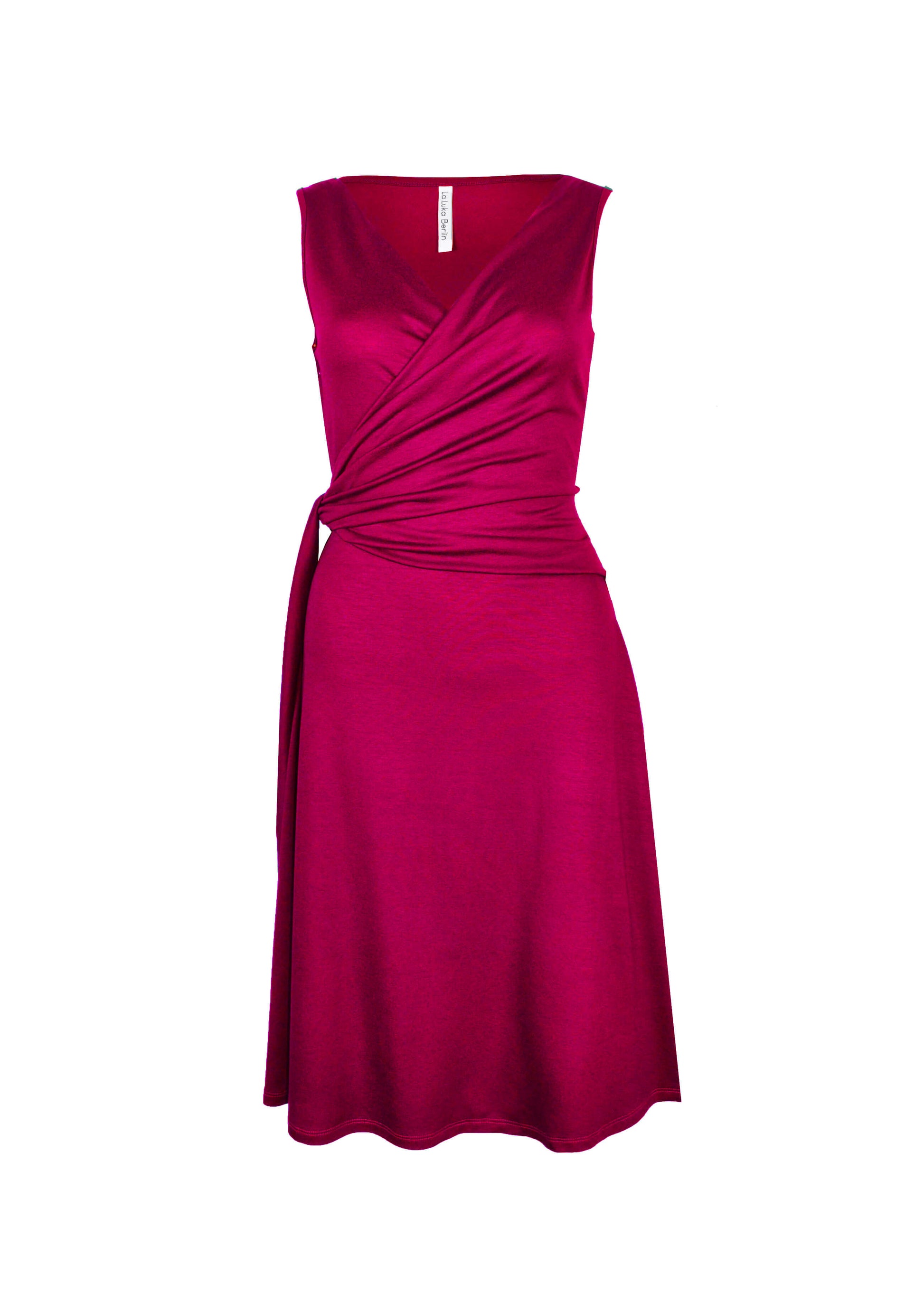 Rotes Damen-Wickelkleid aus Jersey ohne Ärmel. Seitlich zum Binden.