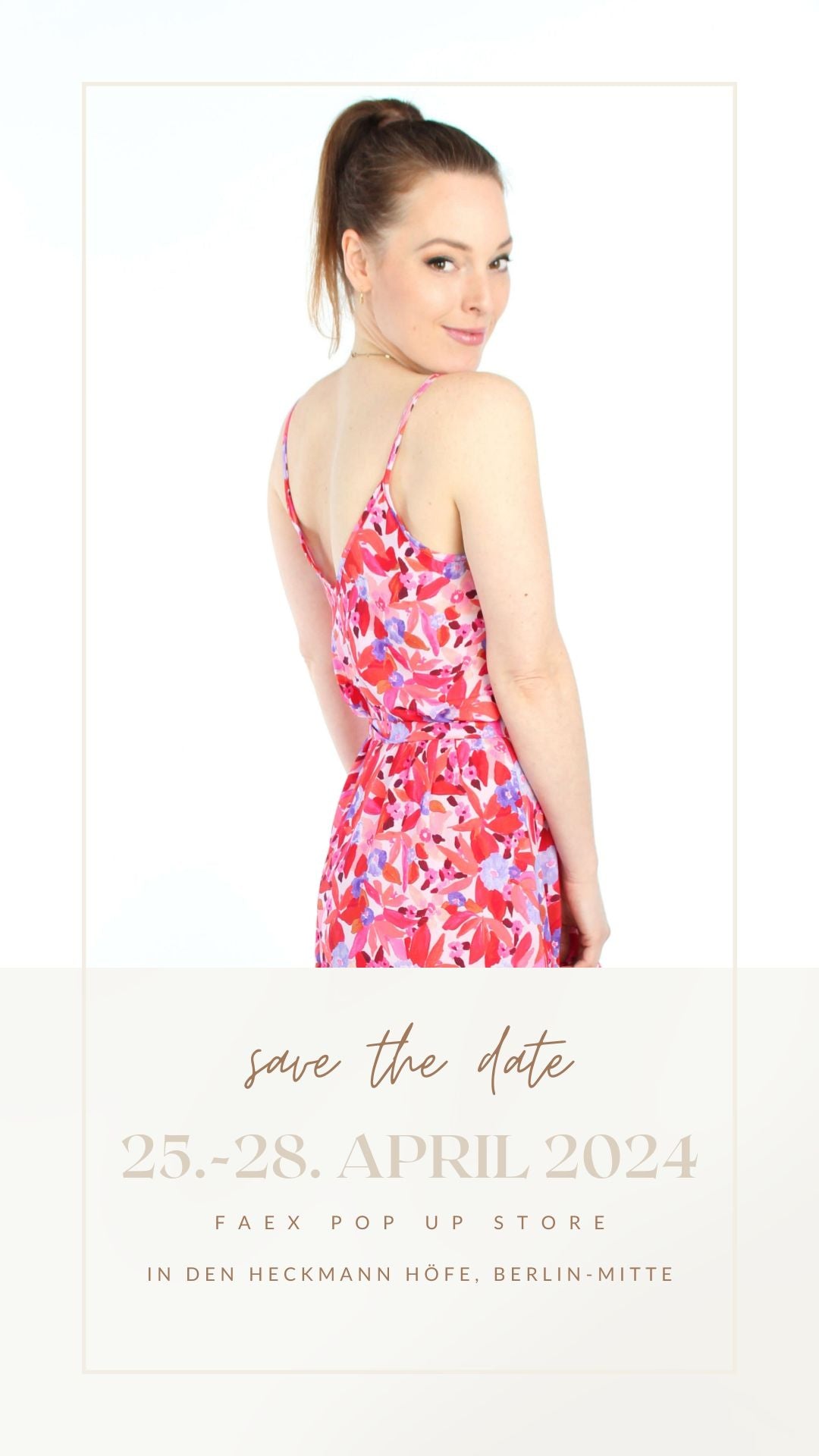 Save the date Banner von LA.LUKA Berlin für den FAEX Pop up store mit Model in einem geblümten Sommerkleid.