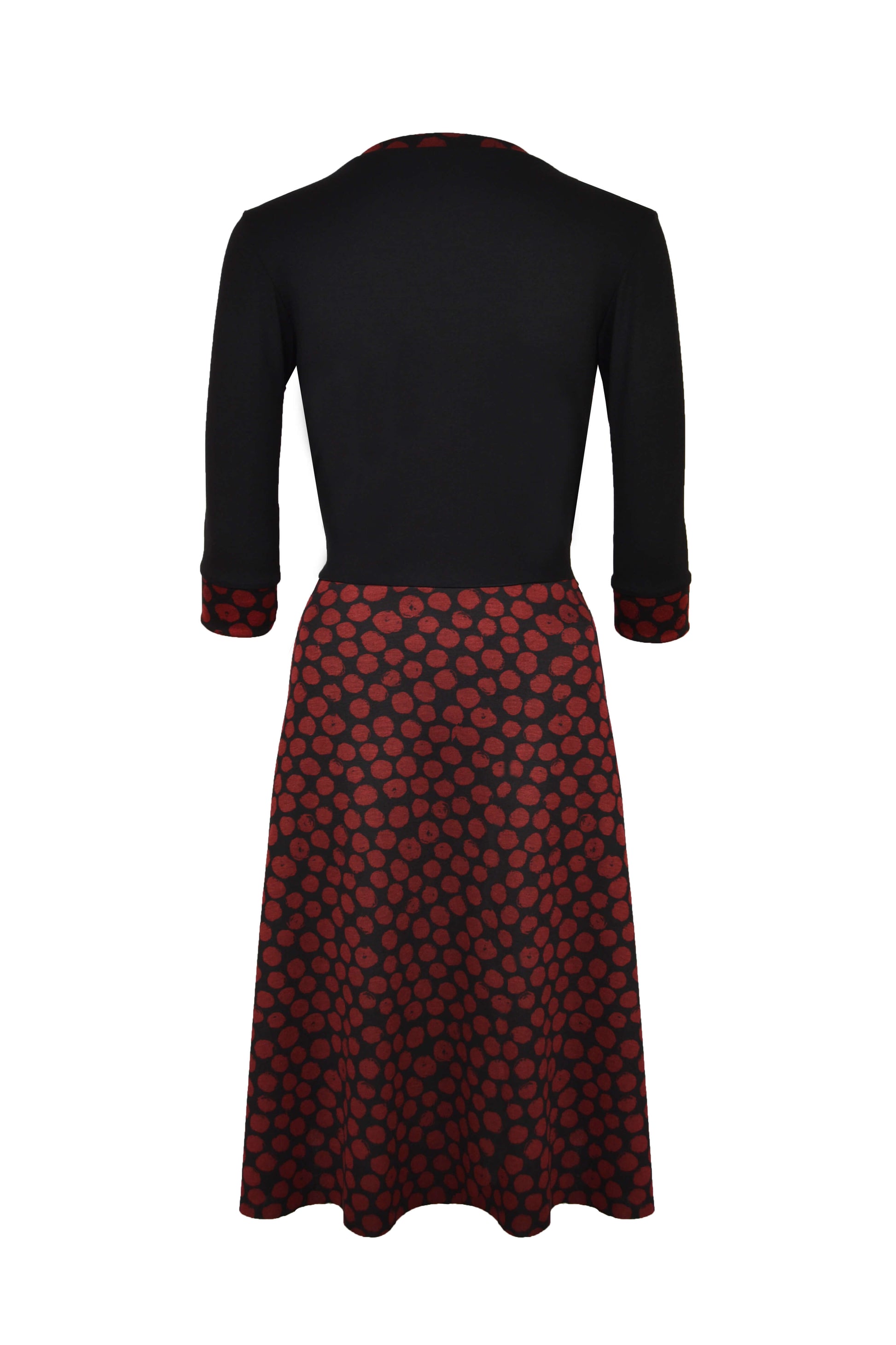Elegantes Kleid aus Jersey in schwarz mit roten Punkten und V-Ausschnitt von LA.LUKA Berlin in der Rückansicht.