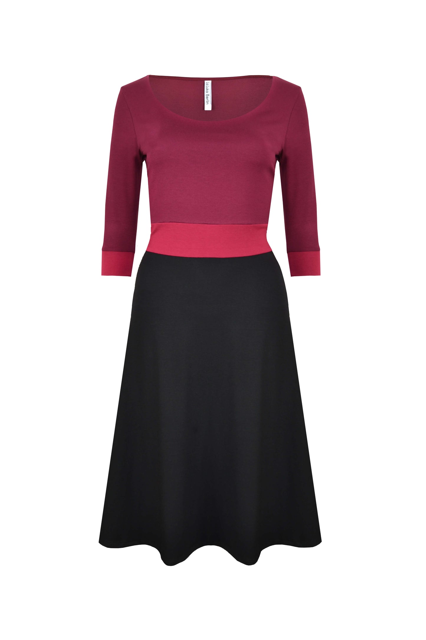 Rückansicht von knielangen Jerseykleid mit 3/4-Ärmeln in den Farben Schwarz und Bordeaux von LA.LUKA Berlin
