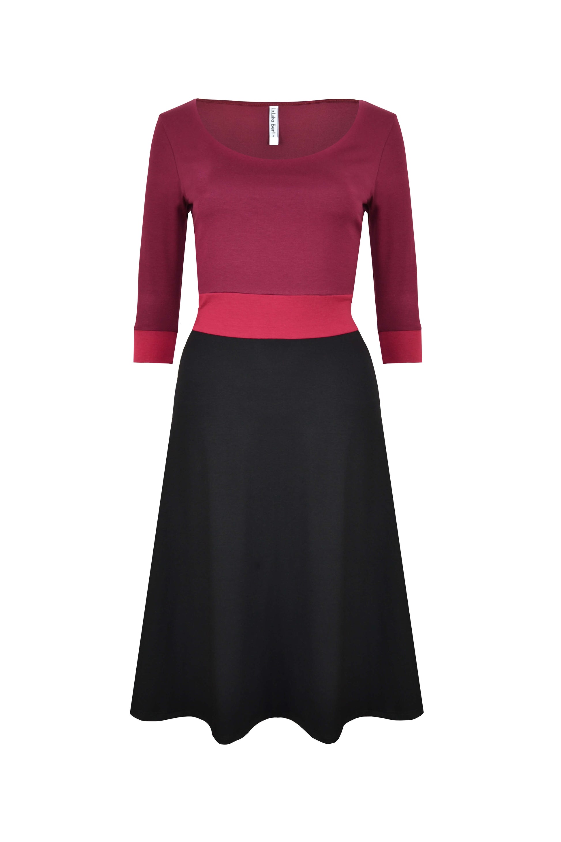 Rückansicht von knielangen Jerseykleid mit 3/4-Ärmeln in den Farben Schwarz und Bordeaux von LA.LUKA Berlin